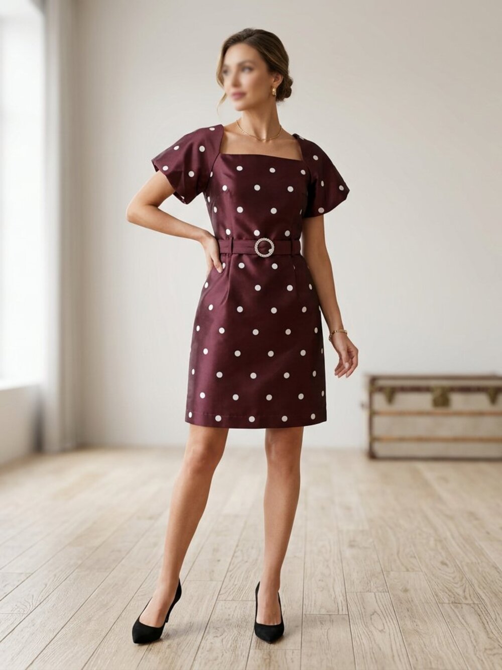Alexa B Nites Polka Dot Taffeta Cocktail Dress Burgundy Plum Size 8 Flawed